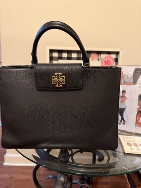 Tory Burch Black Pebbled Leather Top-Handle Satchel with Gold Logo